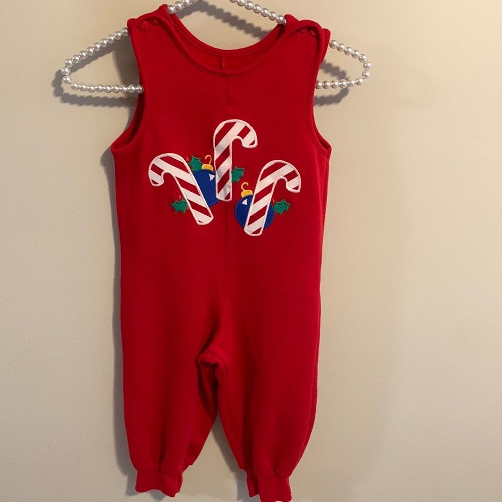 Kelly's Kids Vintage Red Christmas Candy Cane Applique Overalls Longalls 4T